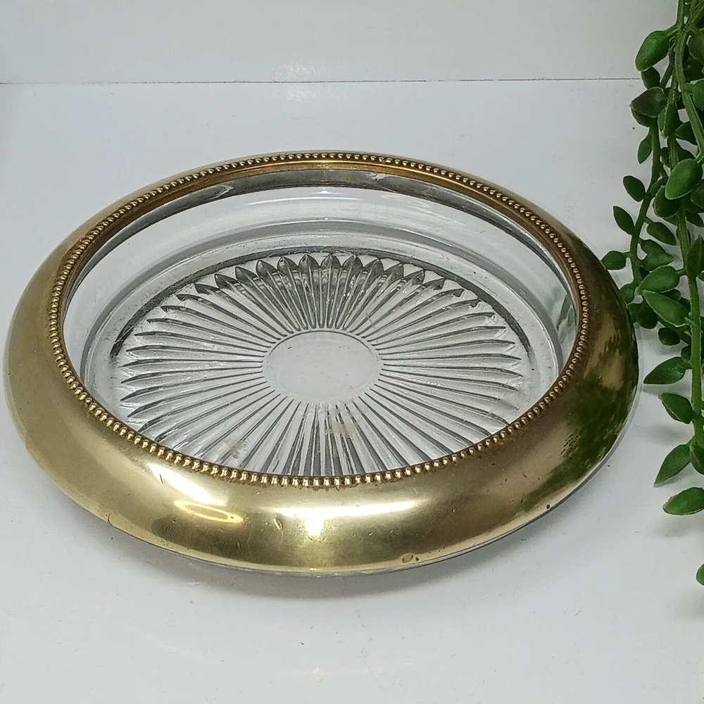 Champagne Bottle Coaster/Glass Trinket Dish with Gold Tone Rim